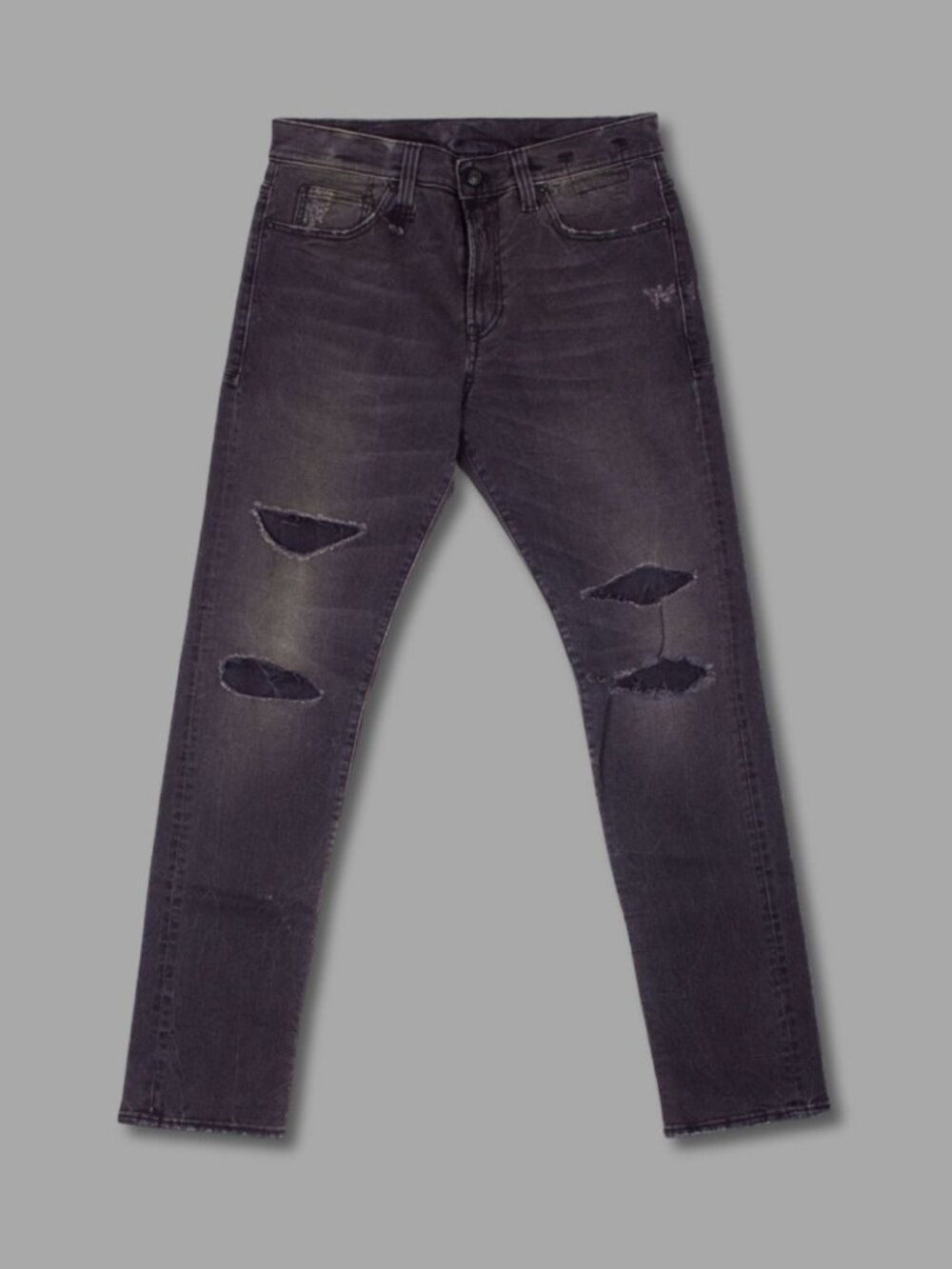 R13 Washed Black Distressed Cotton Blend Slim Jeans